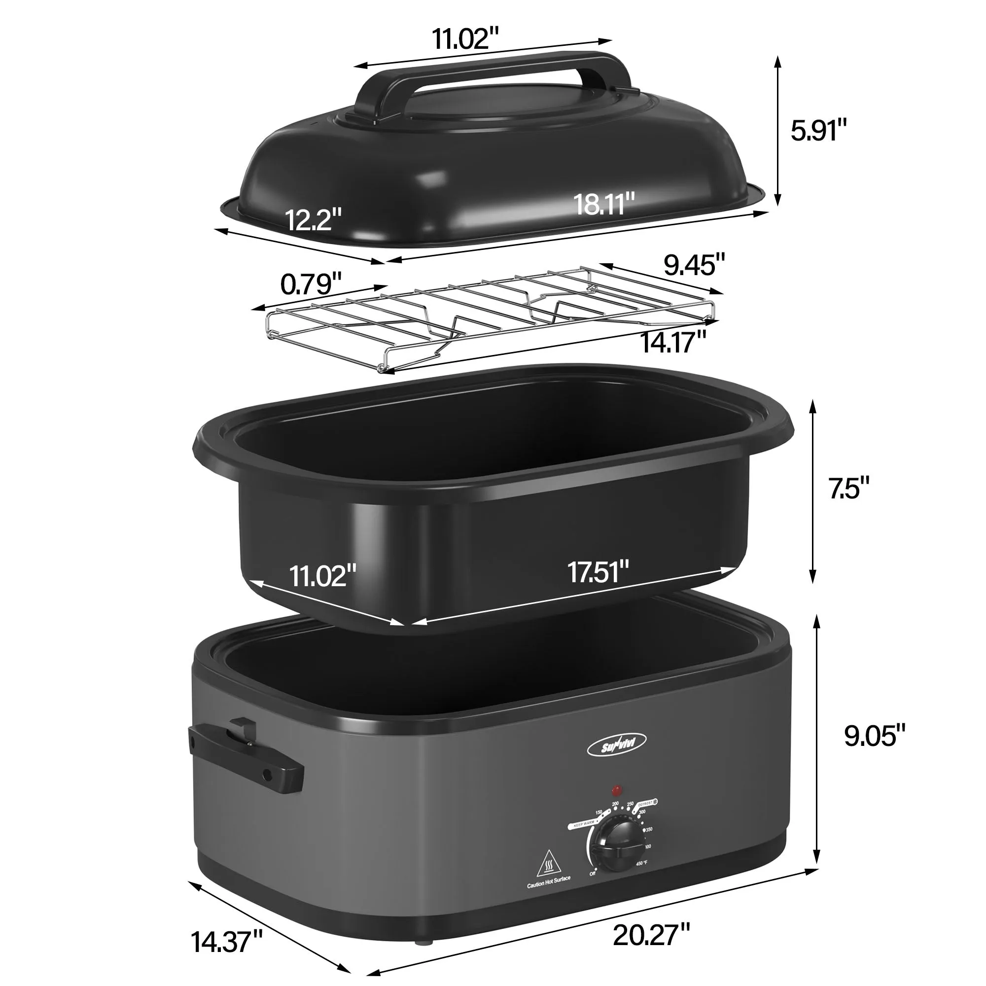 22-Quart Roaster Oven, Electric Roaster Oven with Self-Basting Lid, Turkey Roaster with Unique Defrost/Warm Function, Large Roaster with Removable Pan & Rack, Stainless Steel, Grey