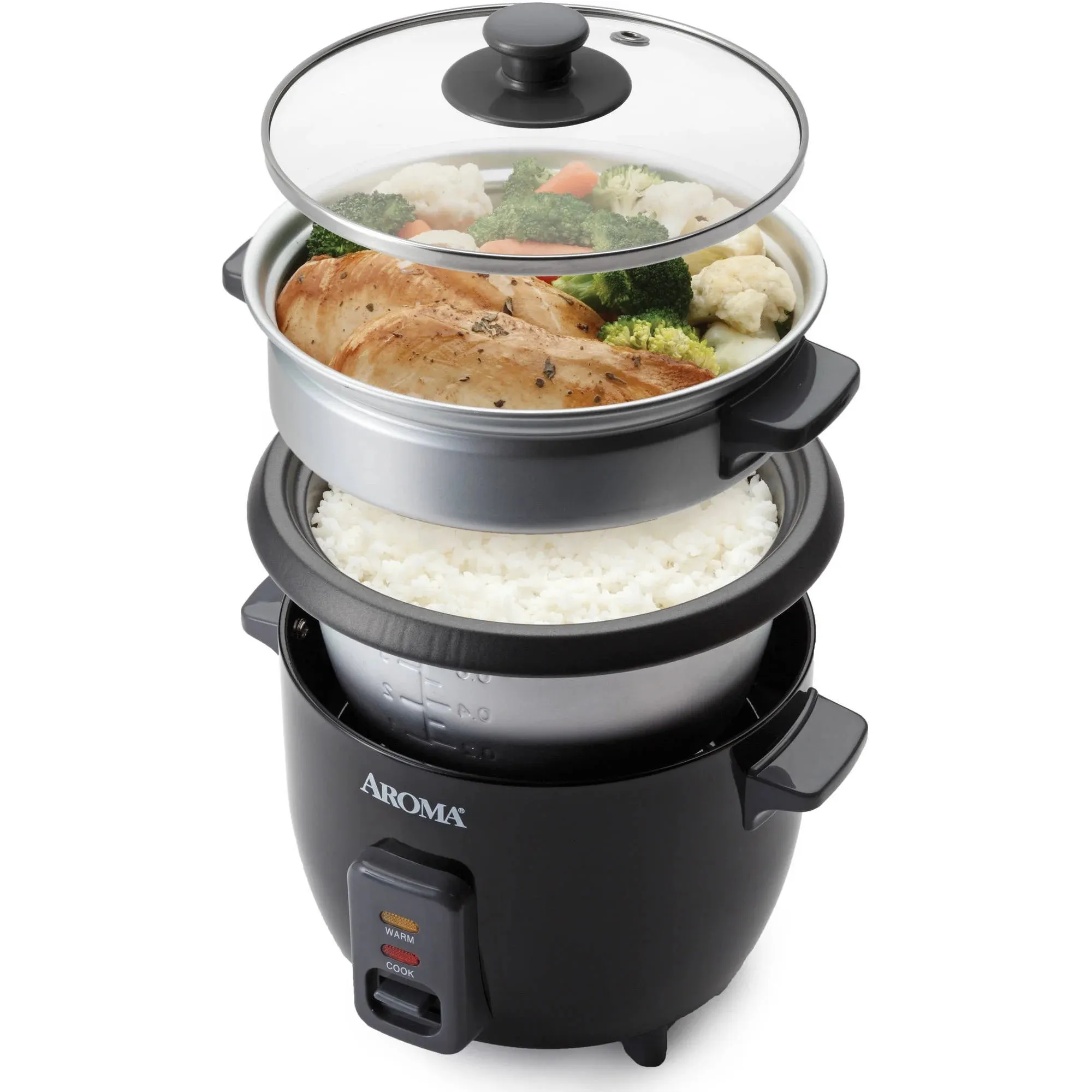 6 Cup Cooked White Pot Style Rice Cooker & Food Steamer - Black