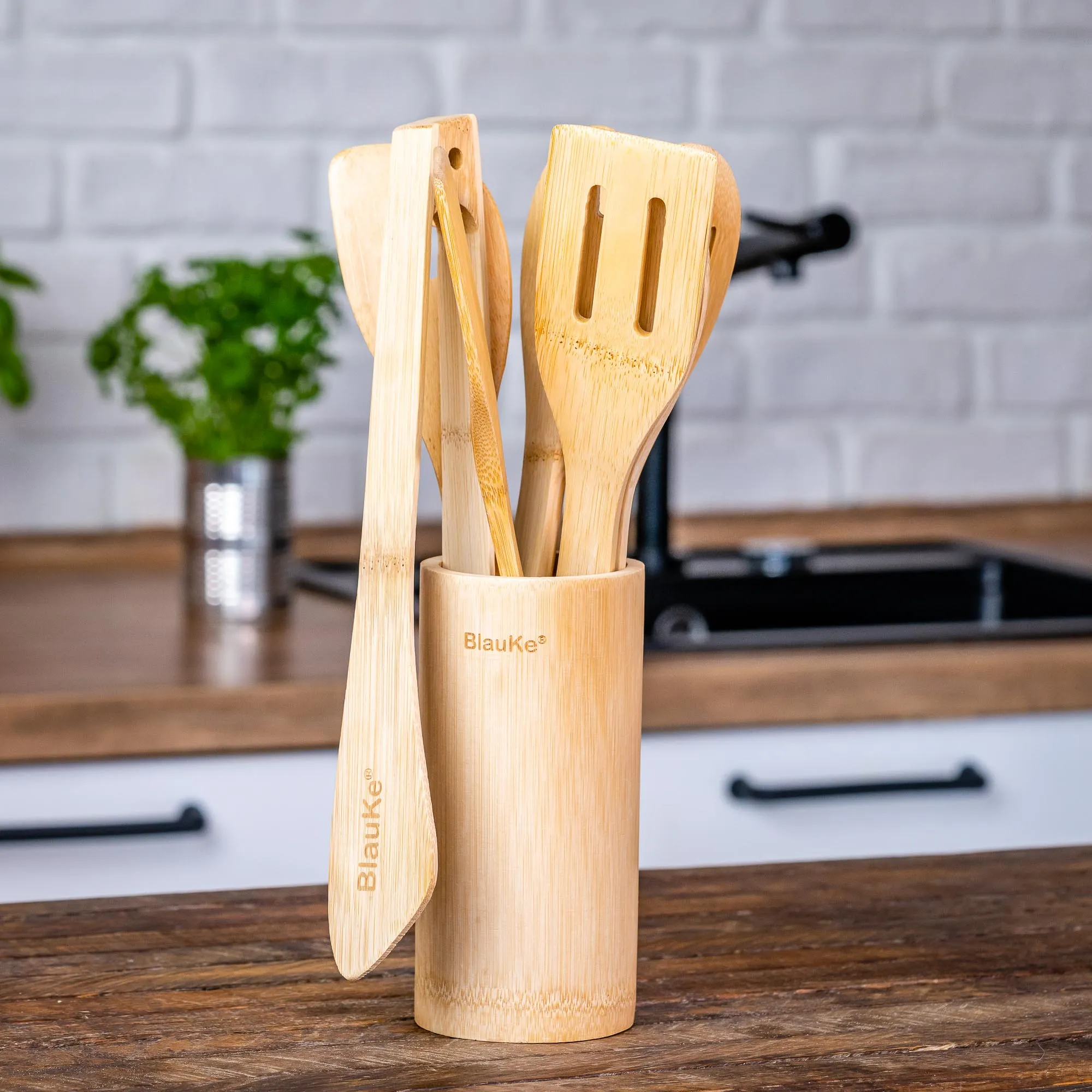 Bamboo Kitchen Utensils Set 8-Pack - Wooden Cooking Utensils for