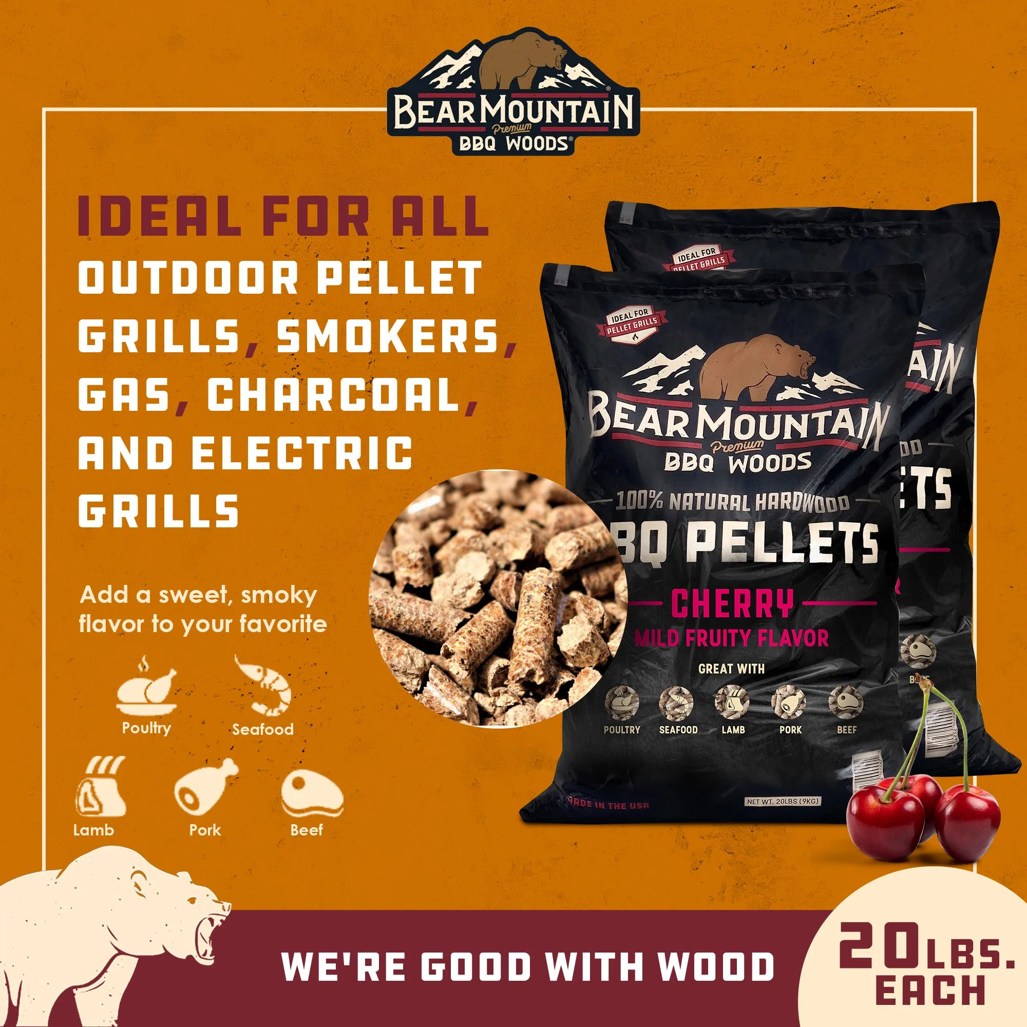 Bear Mountain BBQ All Natural Hardwood Cherry Smoker Pellets, 20 lbs (2 Pack)