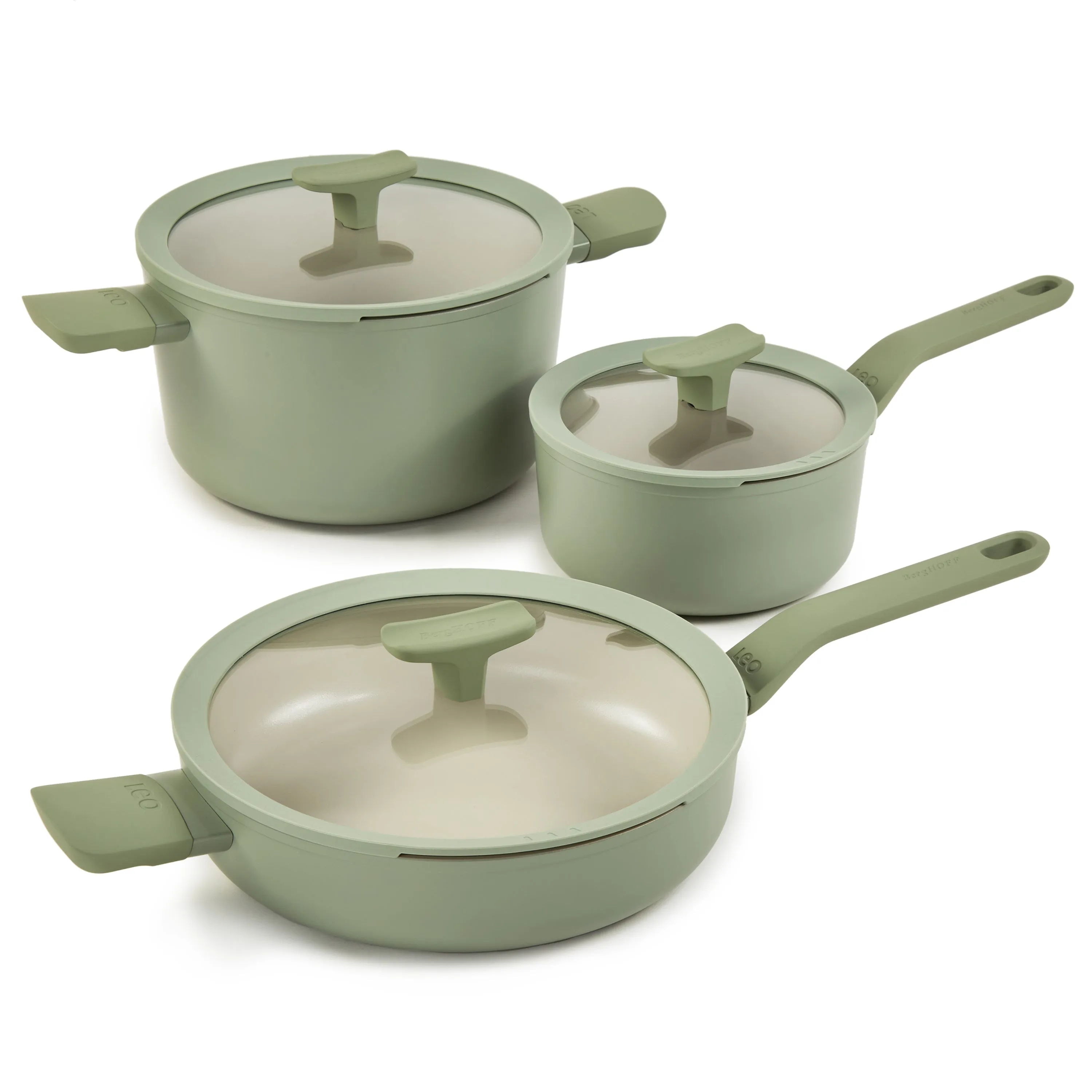 BergHOFF Balance 6Pc Nonstick Ceramic Cookware Set With Glass Lid, Recycled Aluminum, Sage