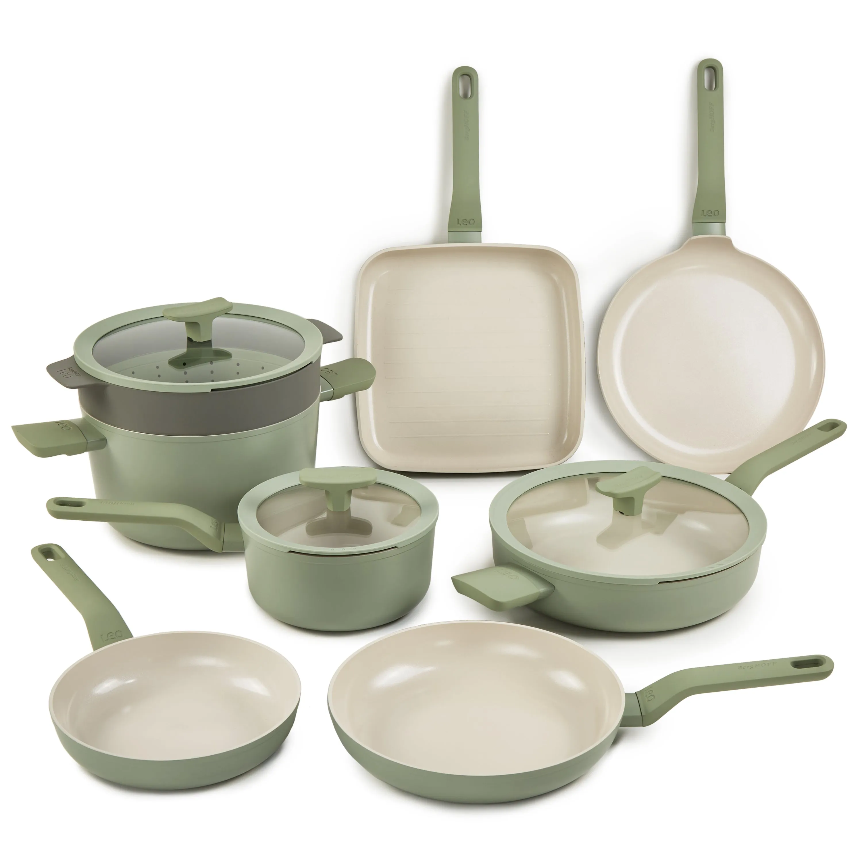 BergHOFF Leo Balance 11pc Nonstick Aluminum Cookware Set, Glass Lids, Sage