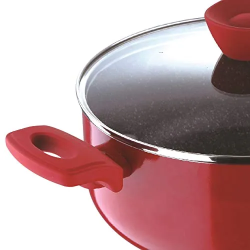 Bergner Bellini Plus Non Stick Casserole/ Biryani Pot/ Handi with Glass Lid, 24 cm, 4.2 Litres, Induction Base, Red, Gas Ready