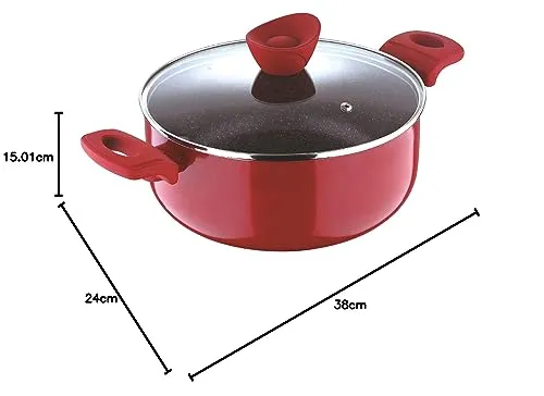 Bergner Bellini Plus Non Stick Casserole/ Biryani Pot/ Handi with Glass Lid, 24 cm, 4.2 Litres, Induction Base, Red, Gas Ready