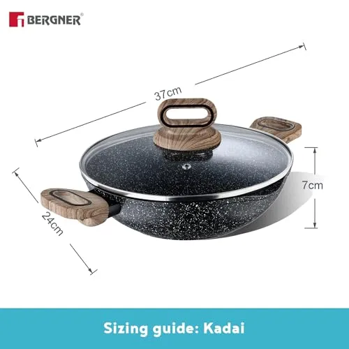 BERGNER Ultimate Forged NonStick 24 cm Kadai with Glass Lid, 2 L Capacity, Sauté/Curries/Deep Fry/Stir Fry/Searing/Reheat, Wood Finish Handle, Granite Finish, Induction & Gas Ready, 2-Year Warranty