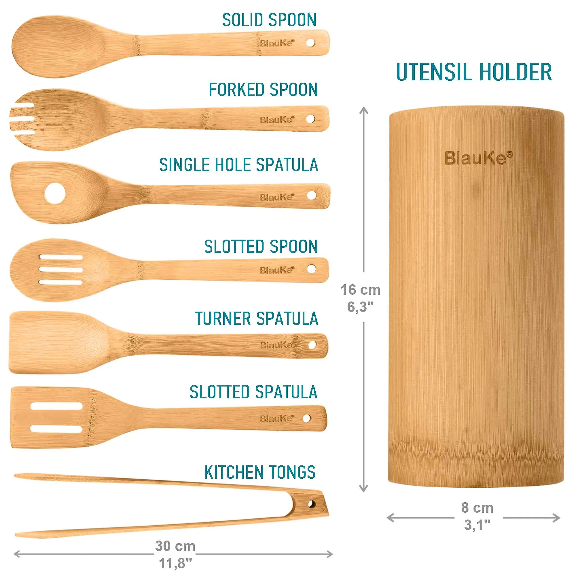 BlauKe Bamboo Kitchen Utensils Set 8-Pack