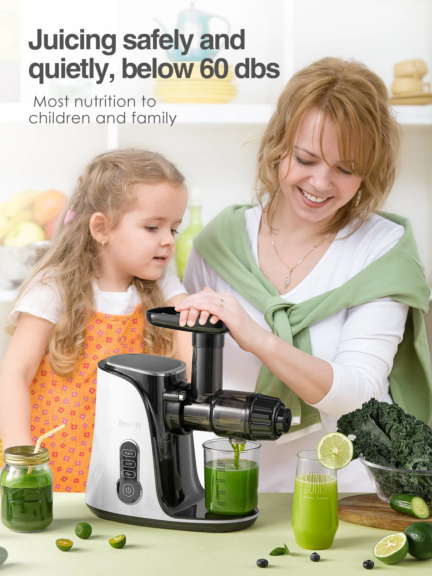 Brewsly Slow Masticating Juicer Extractor with 2-Speed Modes, Cold Press Juicer with Quiet Motor and Reverse Function, Easy to Clean & Recipes for Fruits and Vegetables