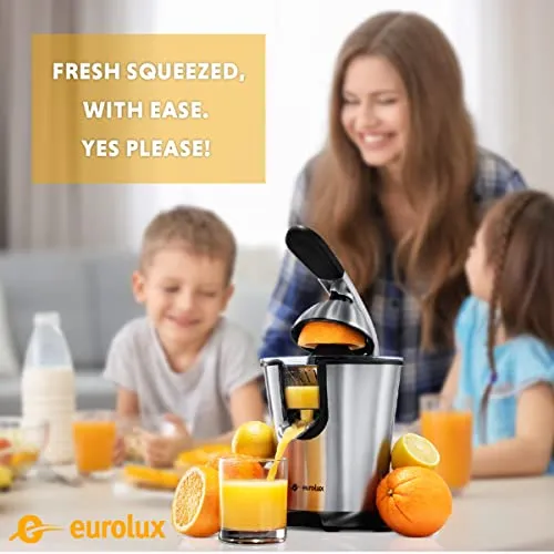 Eurolux Electric Orange Juicer Squeezer Stainless Steel 160 Watts of Power Soft Grip Handle and Cone Lid for Easy Use