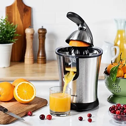 Eurolux Electric Orange Juicer Squeezer Stainless Steel 160 Watts of Power Soft Grip Handle and Cone Lid for Easy Use