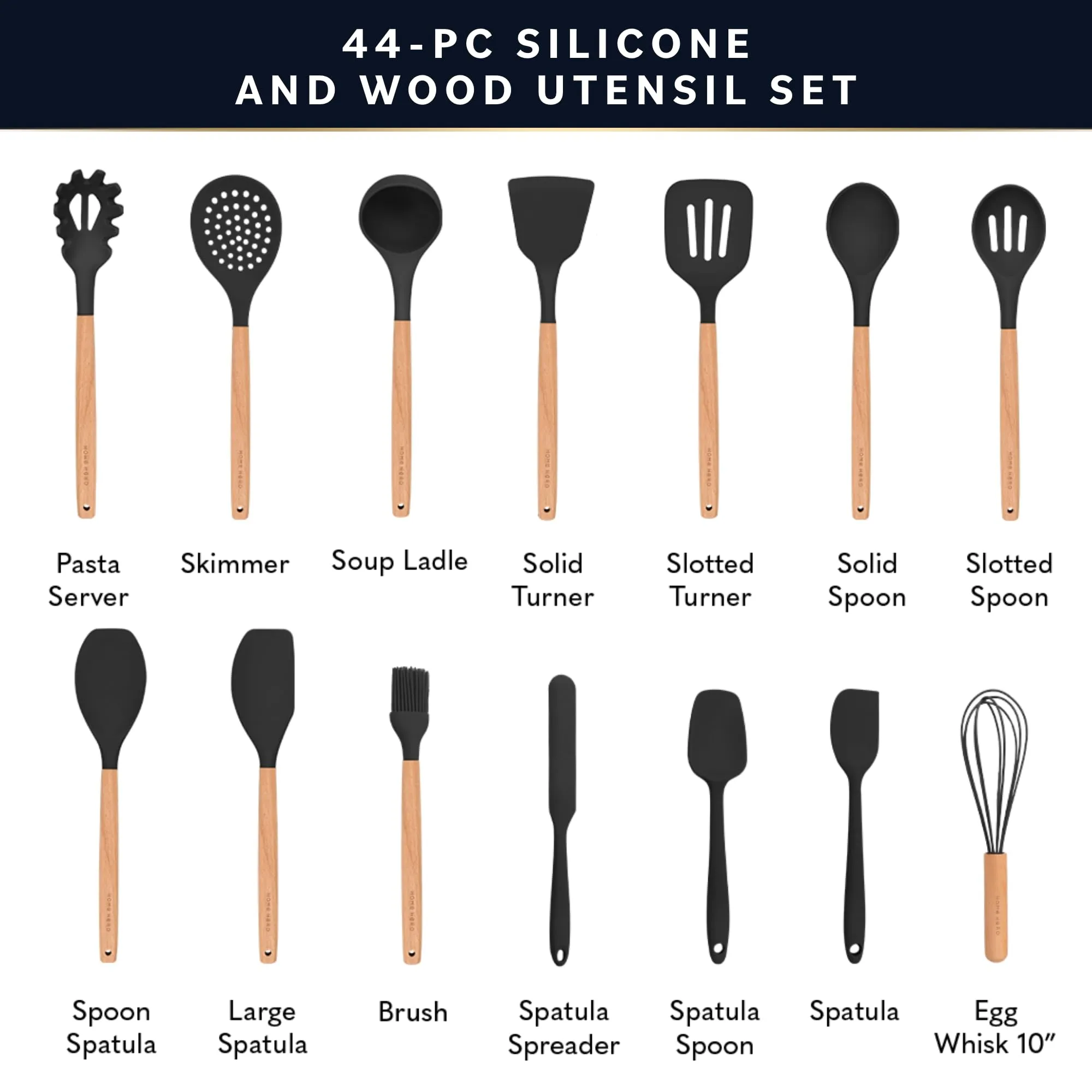 Home Hero 44 Pcs Silicone Kitchen Utensils Set, Non-Stick Silicone Cooking Utensils Set with Spatula, Wooden Handle Spatula, Silicone Kitchen Gadgets Utensil Set (44 Pcs - Black)