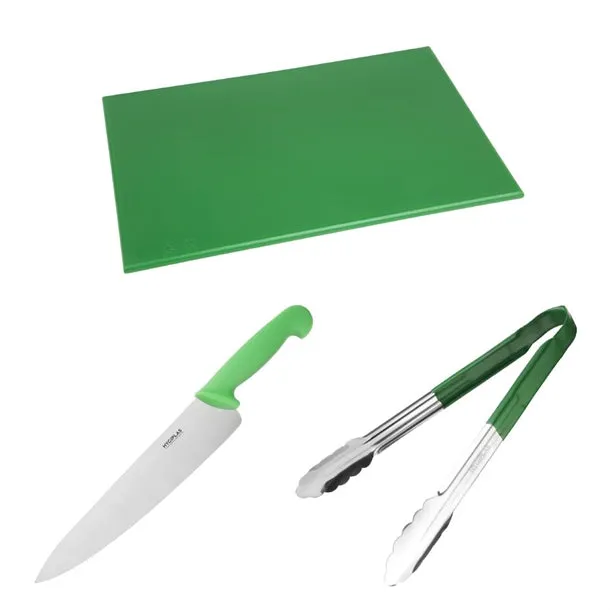 Hygiplas Colour Coded Green Set - Tong Chopping Board & Cooks Knife (Set of 3) - SA791