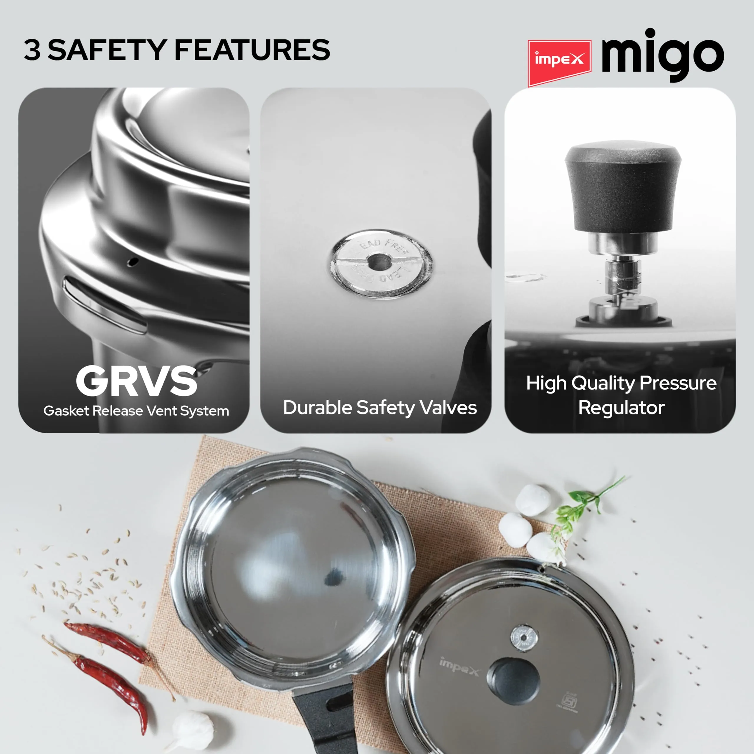 Impex Migo Stainless Steel Pressure Cooker With Outer Lid Induction and Gas Stove Compatible, 2, 3, 5 Litre Capacity for Healthy Cooking, with 5 Years Warranty