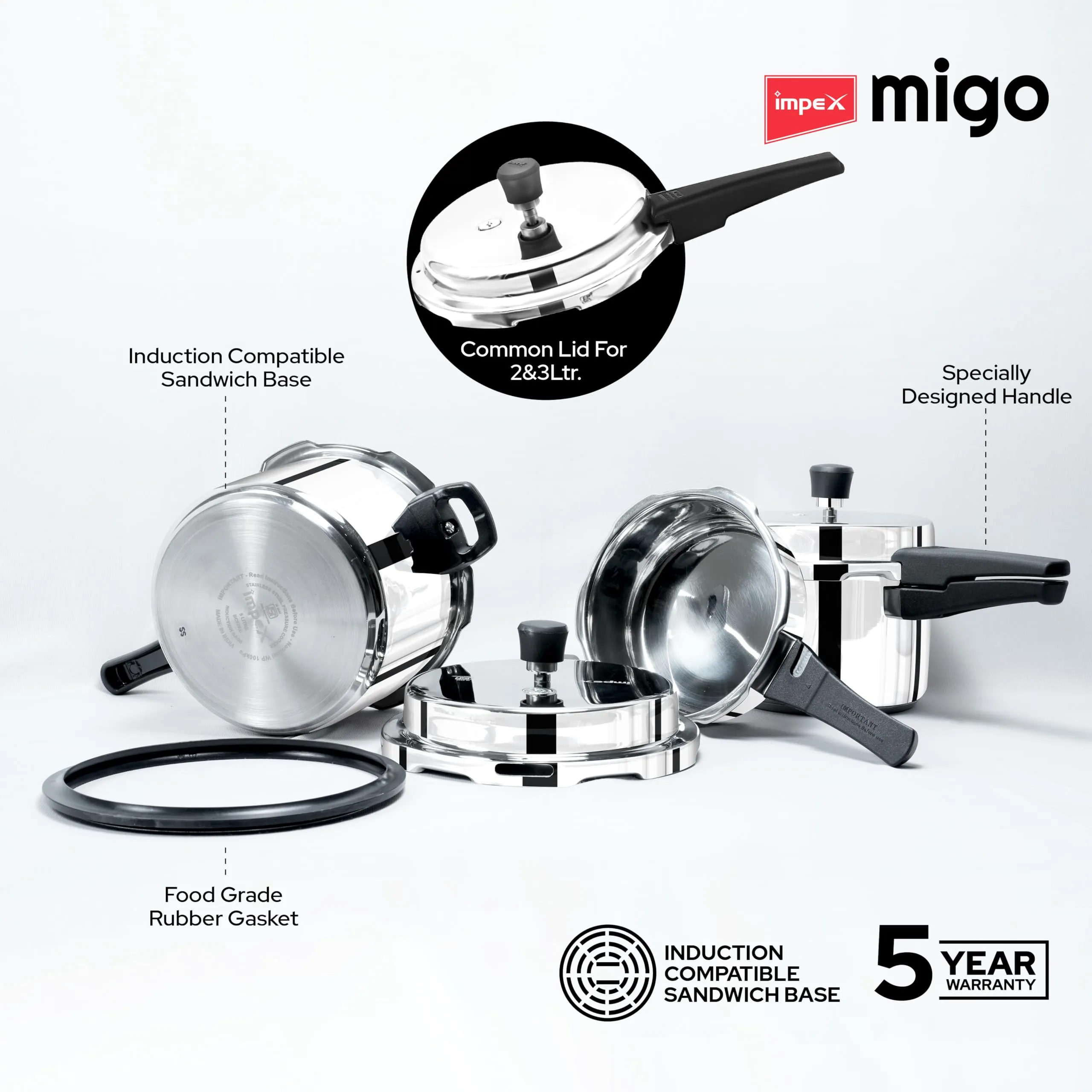 Impex Migo Stainless Steel Pressure Cooker With Outer Lid Induction and Gas Stove Compatible, 2, 3, 5 Litre Capacity for Healthy Cooking, with 5 Years Warranty