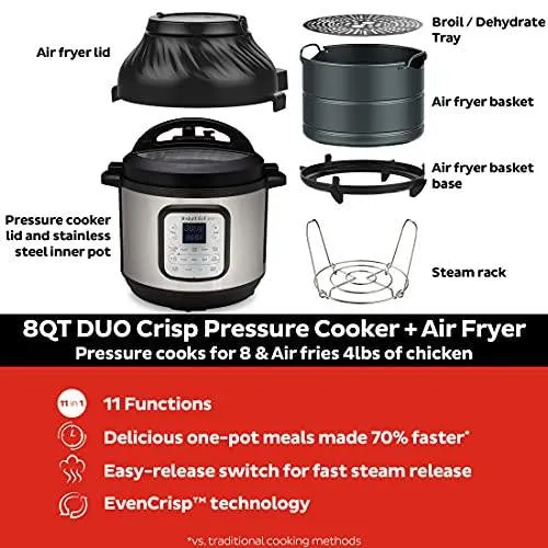 Instant Pot Duo Crisp 11 in 1, Electric Pressure Cooker with Air Fryer, Roast, Bake, Dehydrate, Slow Cook, Rice Cooker, Steamer, Saute, 8 Quart, 14 One-Touch Programs