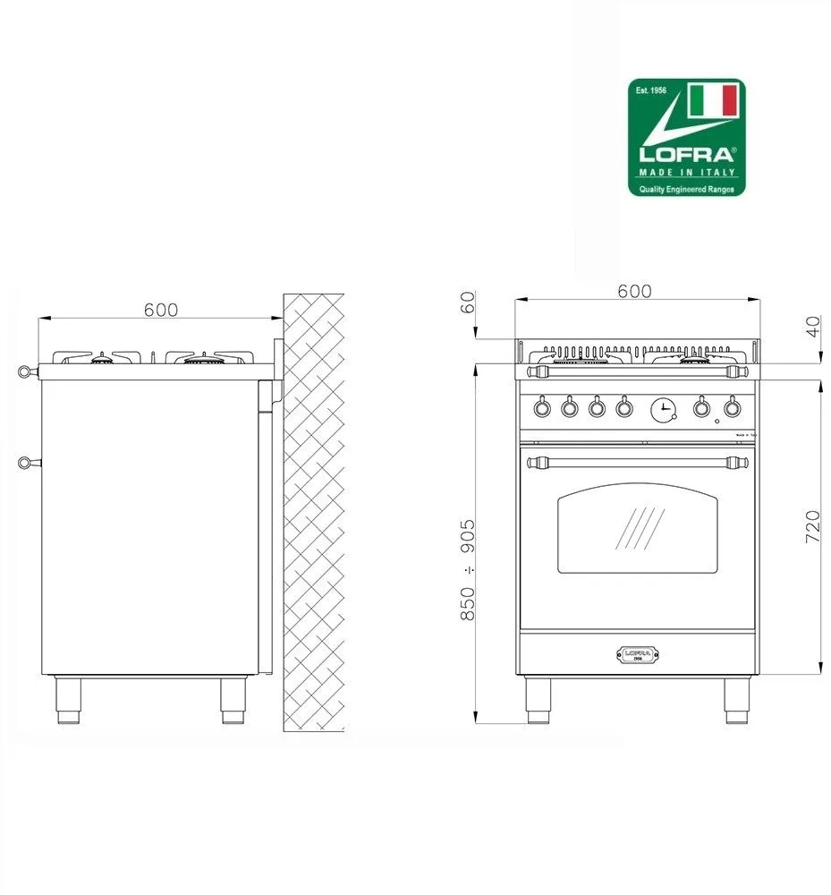 Italian Full Gas Range Cooker 60cm LOFRA Dolcevita RBI66GVGT.