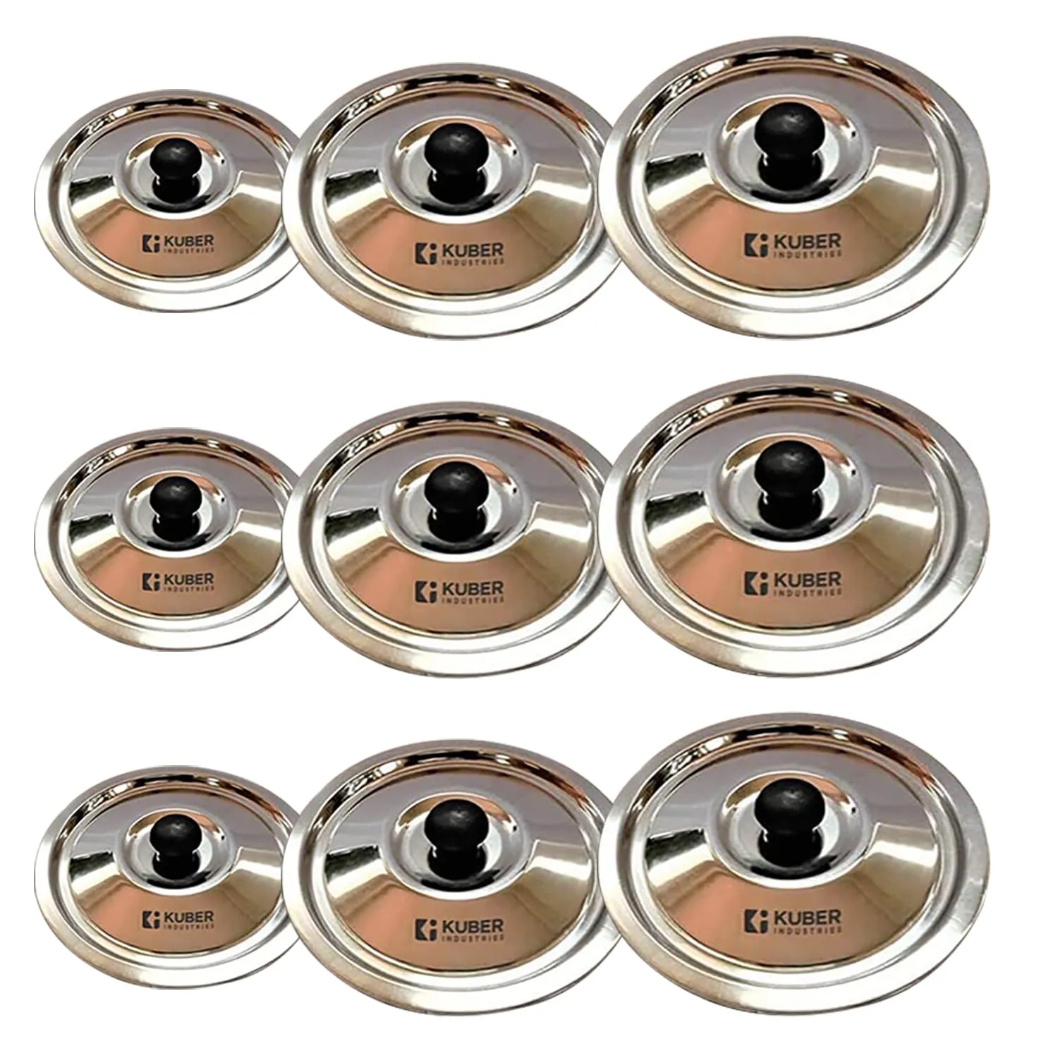 Kuber Industries Stainless Steel Multipurpose Lid with Knob | Sturdy Knob & Durable | Suitable for Pots, Pans, Kadhai, Tawa | Easy to Clean & Hold | Steel Cooking Lid Set of 3 (Pack of 3)