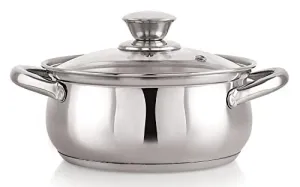 NIRLON Stainless Steel Induction & Gas Compatible Sandwich Bottom Casserole with Glass Lid/Belly Cass, Silver, 16 Cm (2 litres)