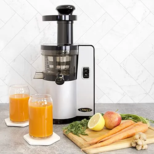 Omega VSJ843QS Juicer Vertical Slow Masticating Juice Extractor 43 RPM Compact Design with Automatic Pulp Ejection, 150-Watt, Silver