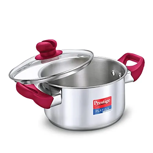 Prestige Platina Popular Stainless Steel Gas and Induction Compatible Casserole with Glass Lid, 180 mm, 2 Litre