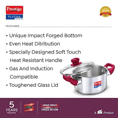 Prestige Platina Popular Stainless Steel Gas and Induction Compatible Casserole with Glass Lid, 180 mm, 2 Litre