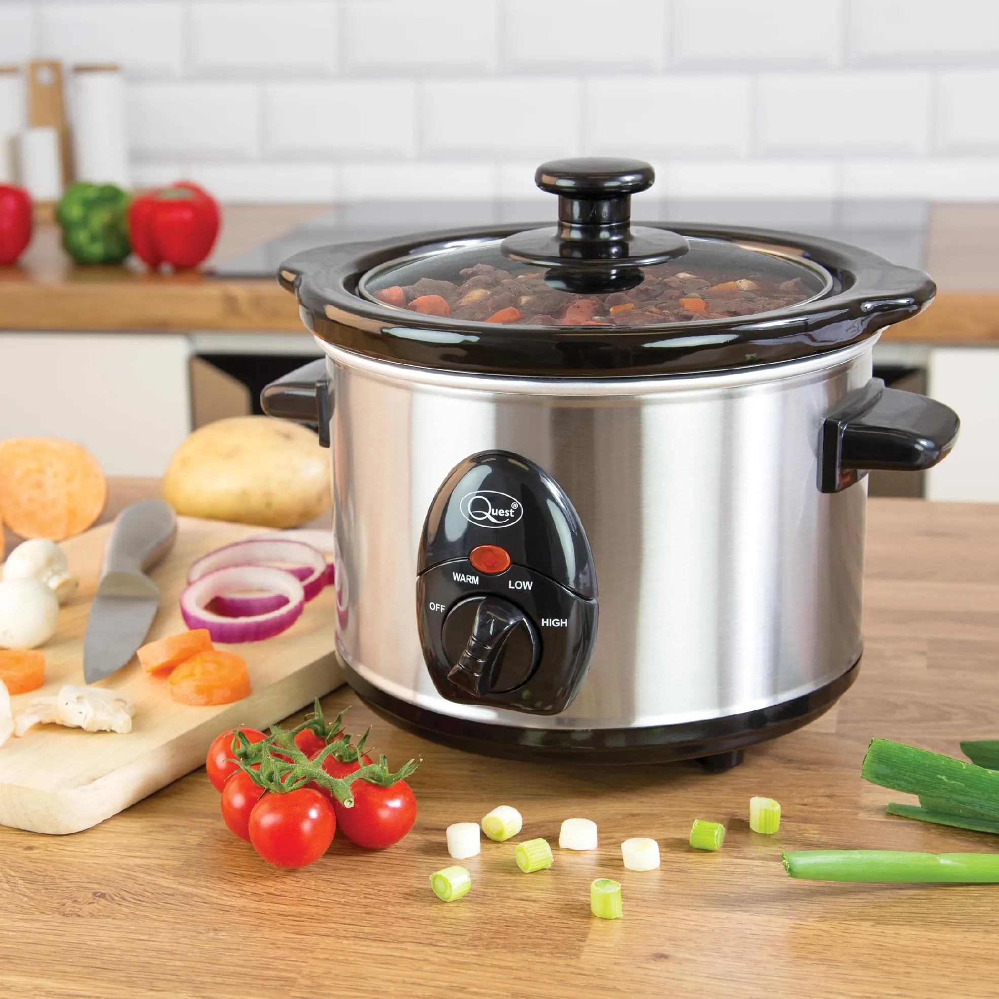 Quest 35260 Slow Cooker / 1.5 Litres/Compact Stainless Steel / 120W / 3 Temperature Settings/Transparent Toughened Glass Lid/Dishwasher Safe