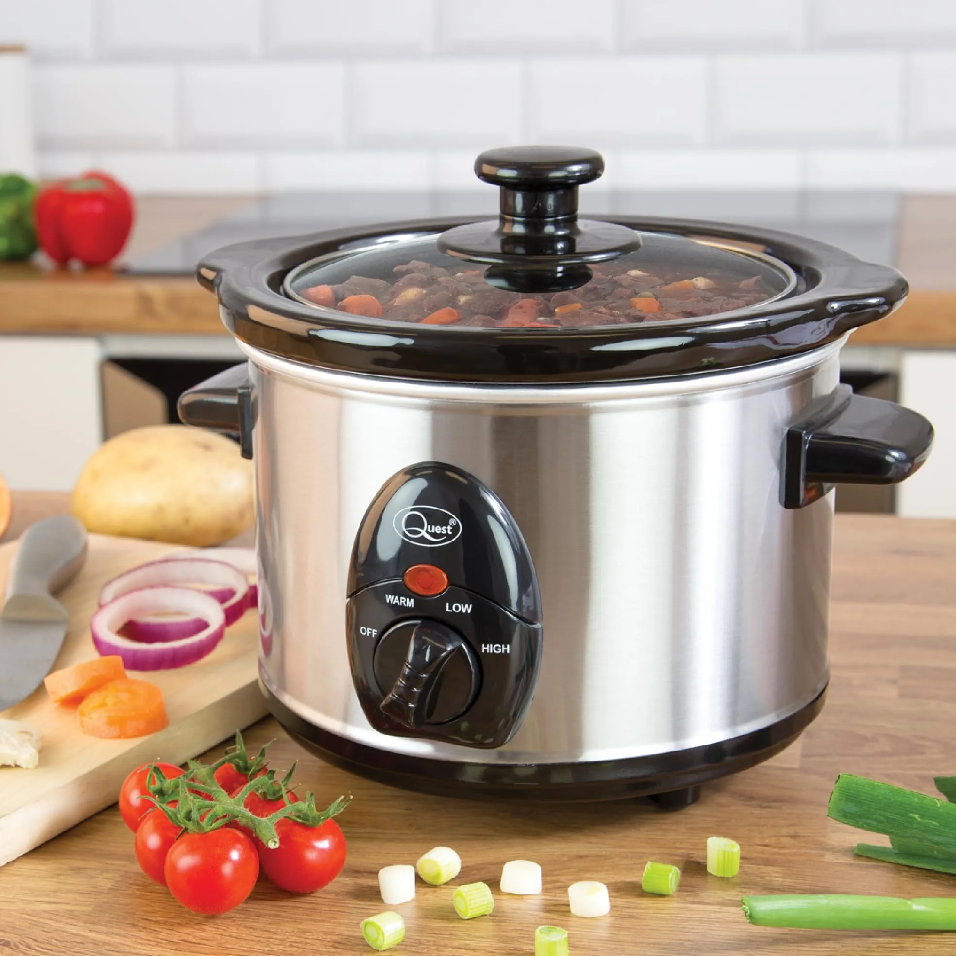 Quest 35260 Slow Cooker / 1.5 Litres/Compact Stainless Steel / 120W / 3 Temperature Settings/Transparent Toughened Glass Lid/Dishwasher Safe