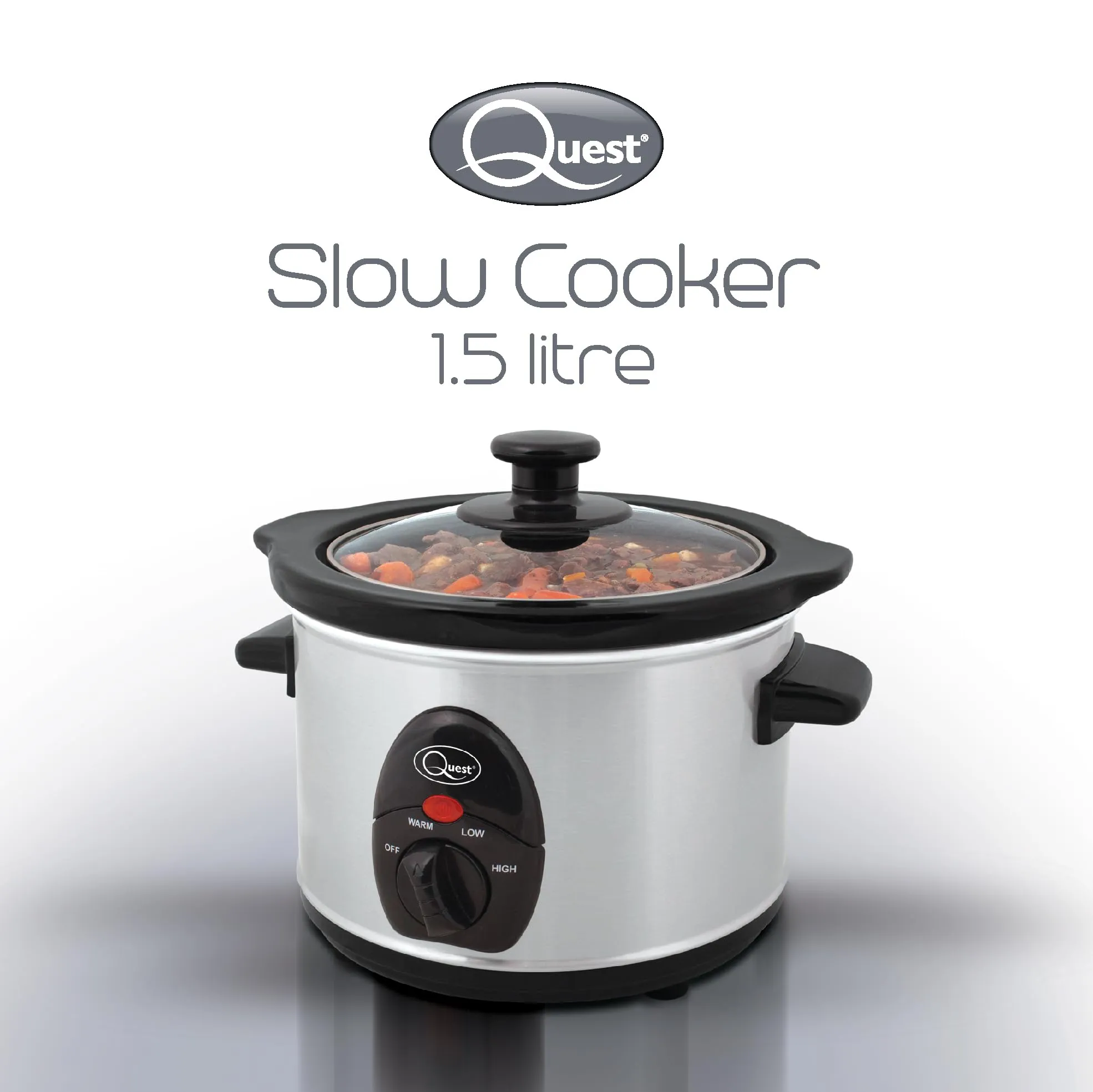 Quest 35260 Slow Cooker / 1.5 Litres/Compact Stainless Steel / 120W / 3 Temperature Settings/Transparent Toughened Glass Lid/Dishwasher Safe