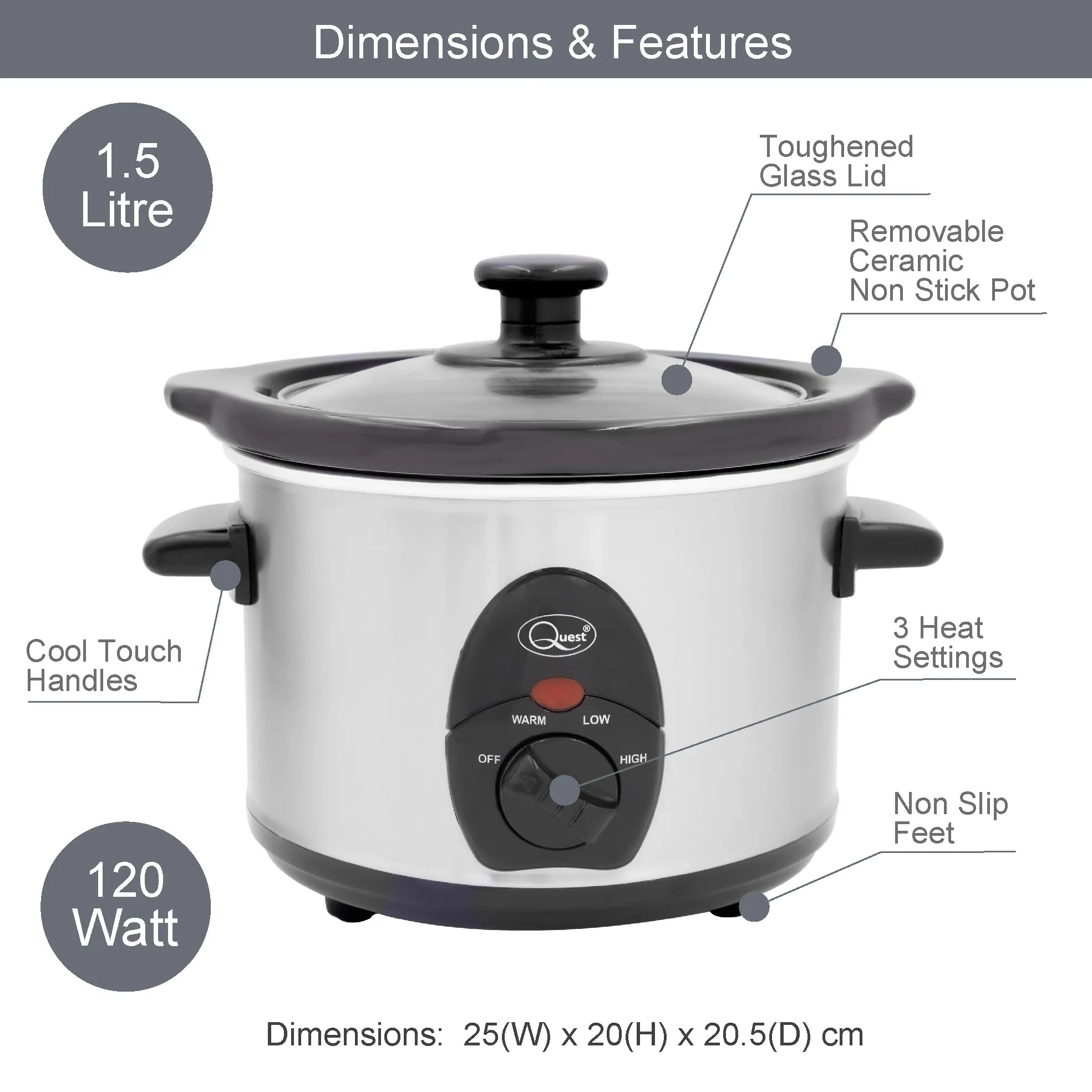 Quest 35260 Slow Cooker / 1.5 Litres/Compact Stainless Steel / 120W / 3 Temperature Settings/Transparent Toughened Glass Lid/Dishwasher Safe