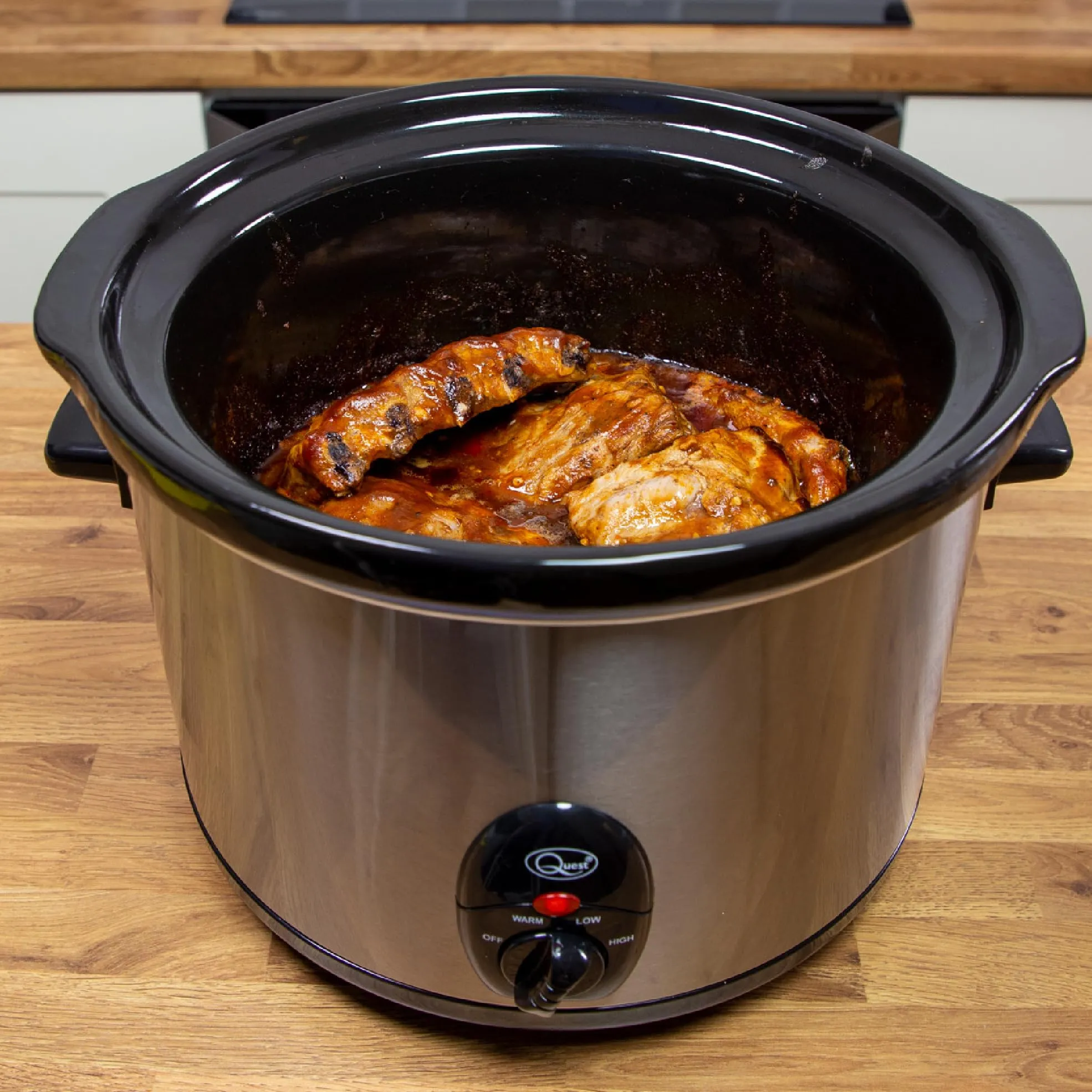 Quest 35260 Slow Cooker / 1.5 Litres/Compact Stainless Steel / 120W / 3 Temperature Settings/Transparent Toughened Glass Lid/Dishwasher Safe