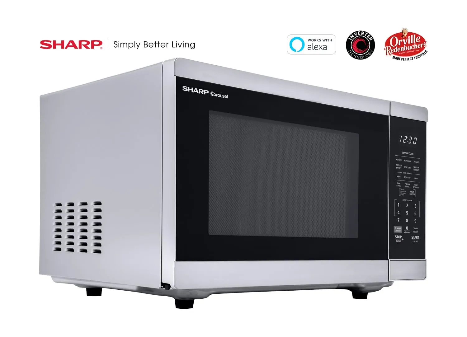 SHARP Countertop Microwave Oven Compatible with Alexa. Orville Redenbacher