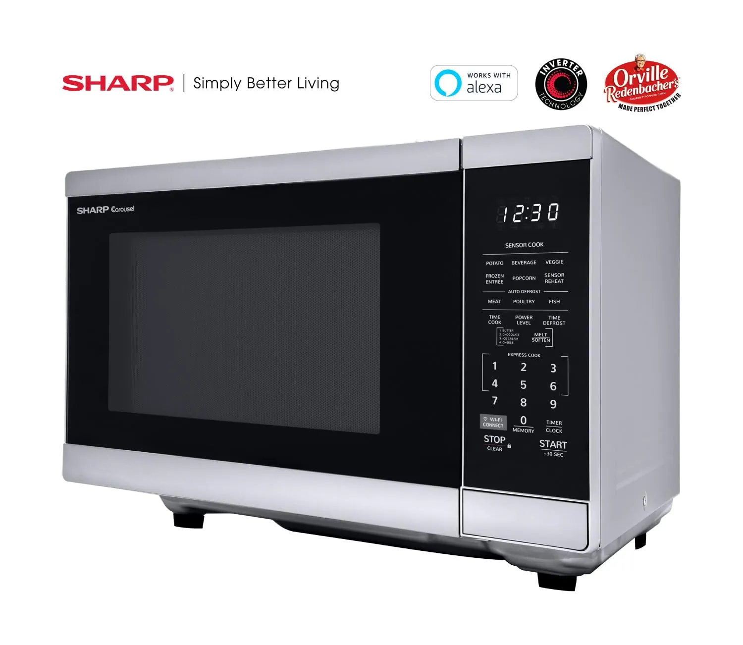 SHARP Countertop Microwave Oven Compatible with Alexa. Orville Redenbacher