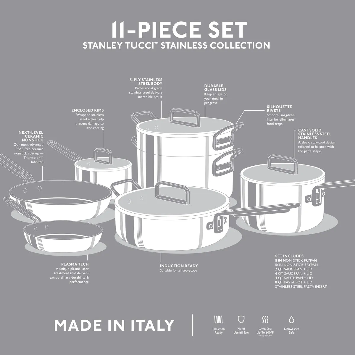 Stanley Tucci™ Mixed Material Stainless Steel 11-Piece Cookware Set with the Tucci Cookbook