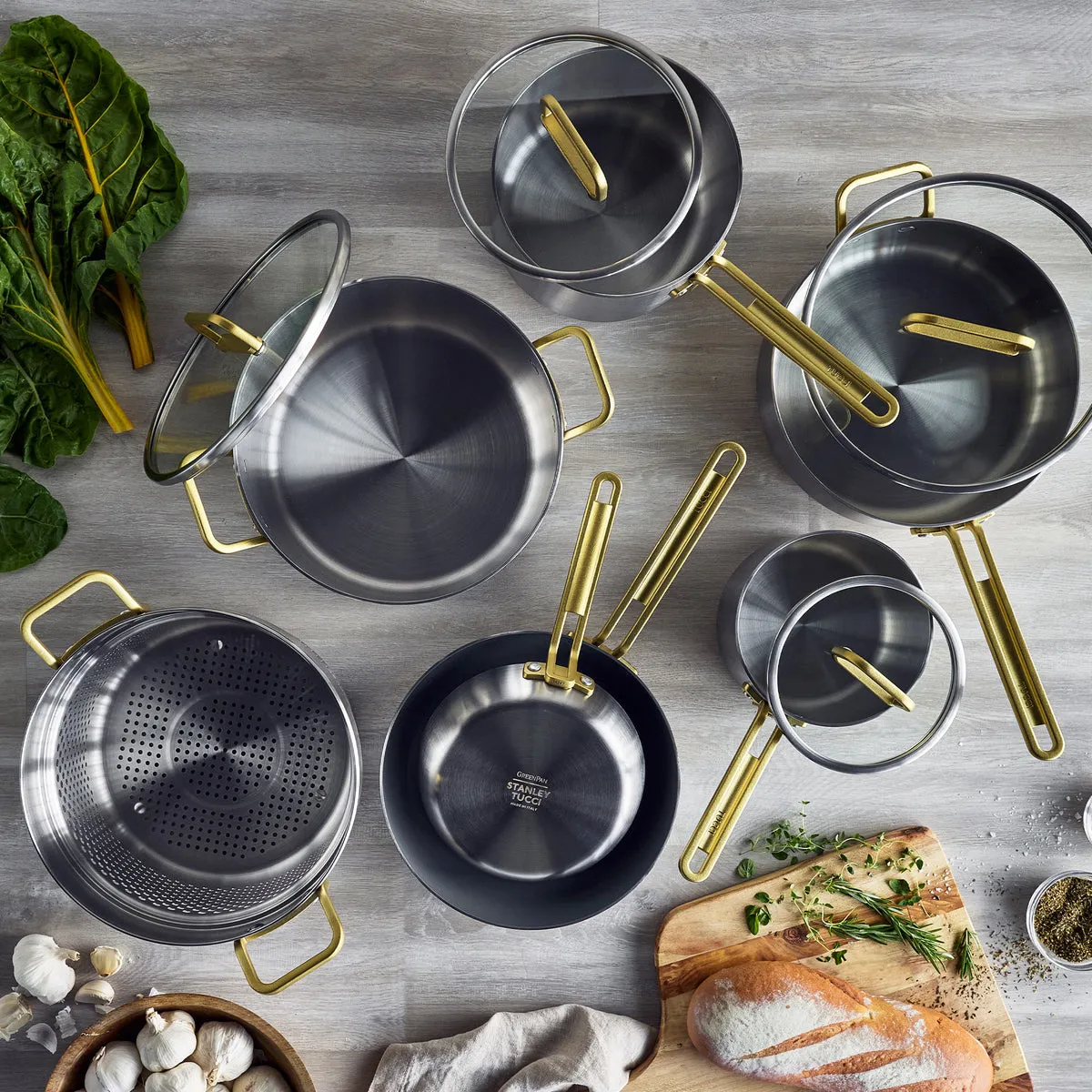 Stanley Tucci™ Mixed Material Stainless Steel 11-Piece Cookware Set with the Tucci Cookbook