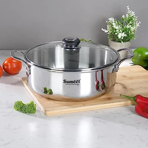 Sumeet Cook Smart TriPly SAS (Steel-Aluminium-Steel - 3 Layers) Casserole/Biryani Pot/Stock Pot with Glass Lid- 6.3Ltr - 30Cm, Silver