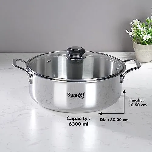 Sumeet Cook Smart TriPly SAS (Steel-Aluminium-Steel - 3 Layers) Casserole/Biryani Pot/Stock Pot with Glass Lid- 6.3Ltr - 30Cm, Silver