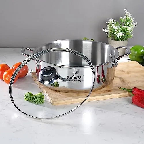 Sumeet Cook Smart TriPly SAS (Steel-Aluminium-Steel - 3 Layers) Casserole/Biryani Pot/Stock Pot with Glass Lid- 6.3Ltr - 30Cm, Silver