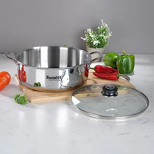 Sumeet Cook Smart TriPly SAS (Steel-Aluminium-Steel - 3 Layers) Casserole/Biryani Pot/Stock Pot with Glass Lid- 6.3Ltr - 30Cm, Silver