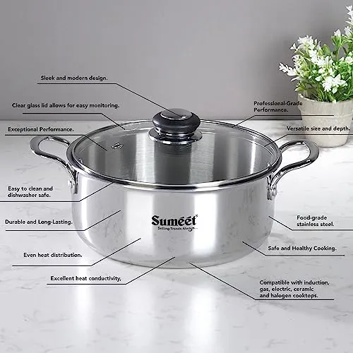 Sumeet Cook Smart TriPly SAS (Steel-Aluminium-Steel - 3 Layers) Casserole/Biryani Pot/Stock Pot with Glass Lid- 6.3Ltr - 30Cm, Silver