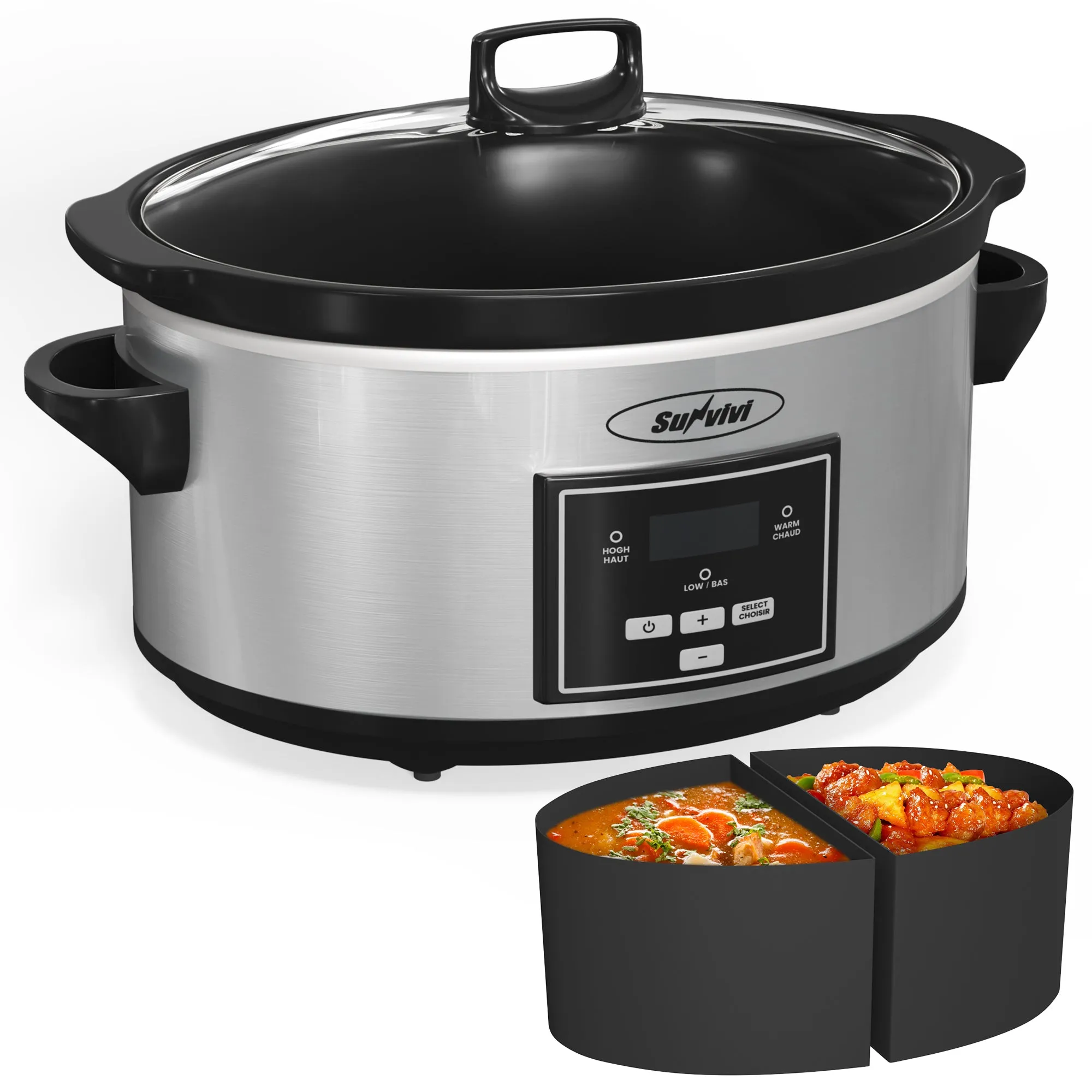 Sunvivi Smart Slow Cooker, Programmable Slow Cooker with 2 in 1 Silicone Slow Cooker Liners, 6 QT Food Warmer with Digital Timer, 3 Adjustable Temp & Removable Ceramic Pot, Stainless Steel, Silver