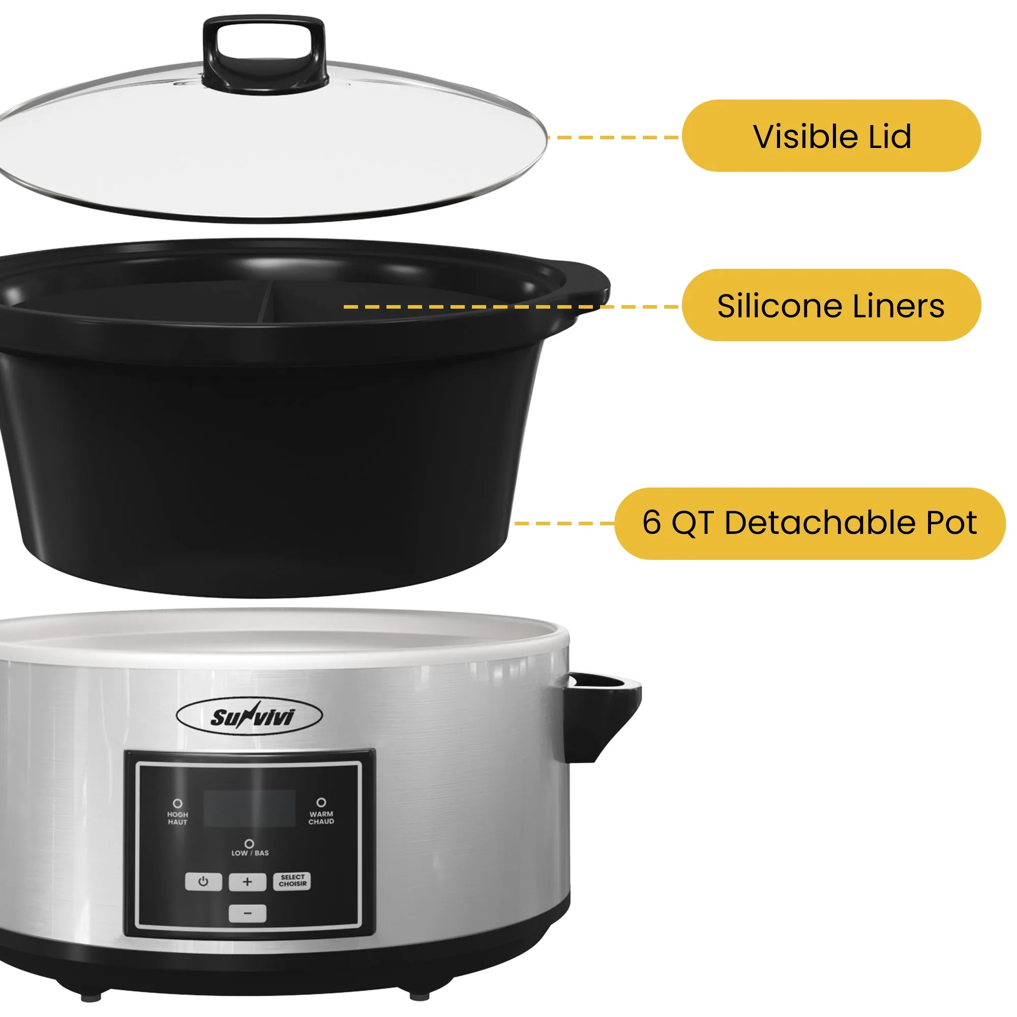 Sunvivi Smart Slow Cooker, Programmable Slow Cooker with 2 in 1 Silicone Slow Cooker Liners, 6 QT Food Warmer with Digital Timer, 3 Adjustable Temp & Removable Ceramic Pot, Stainless Steel, Silver