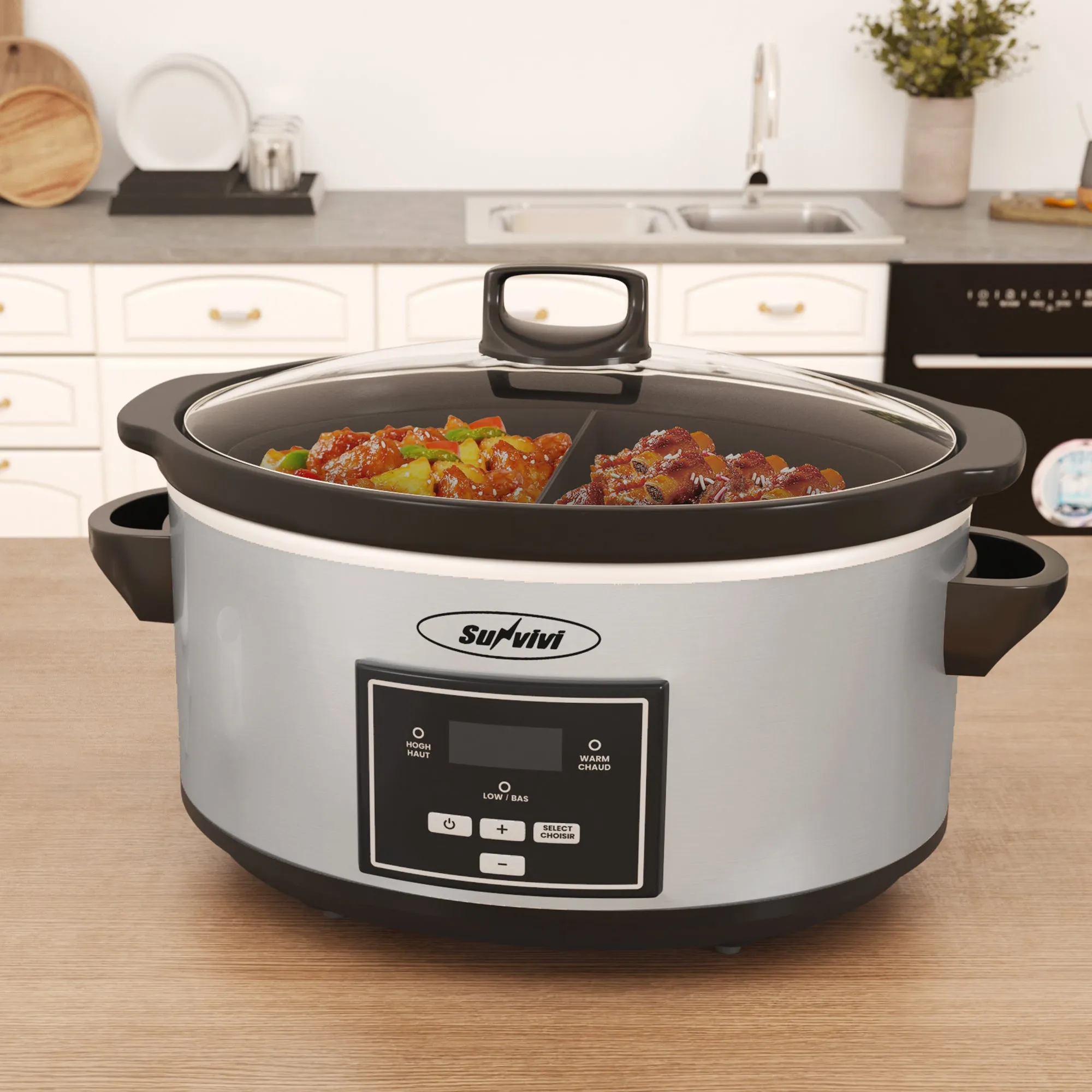 Sunvivi Smart Slow Cooker, Programmable Slow Cooker with 2 in 1 Silicone Slow Cooker Liners, 6 QT Food Warmer with Digital Timer, 3 Adjustable Temp & Removable Ceramic Pot, Stainless Steel, Silver