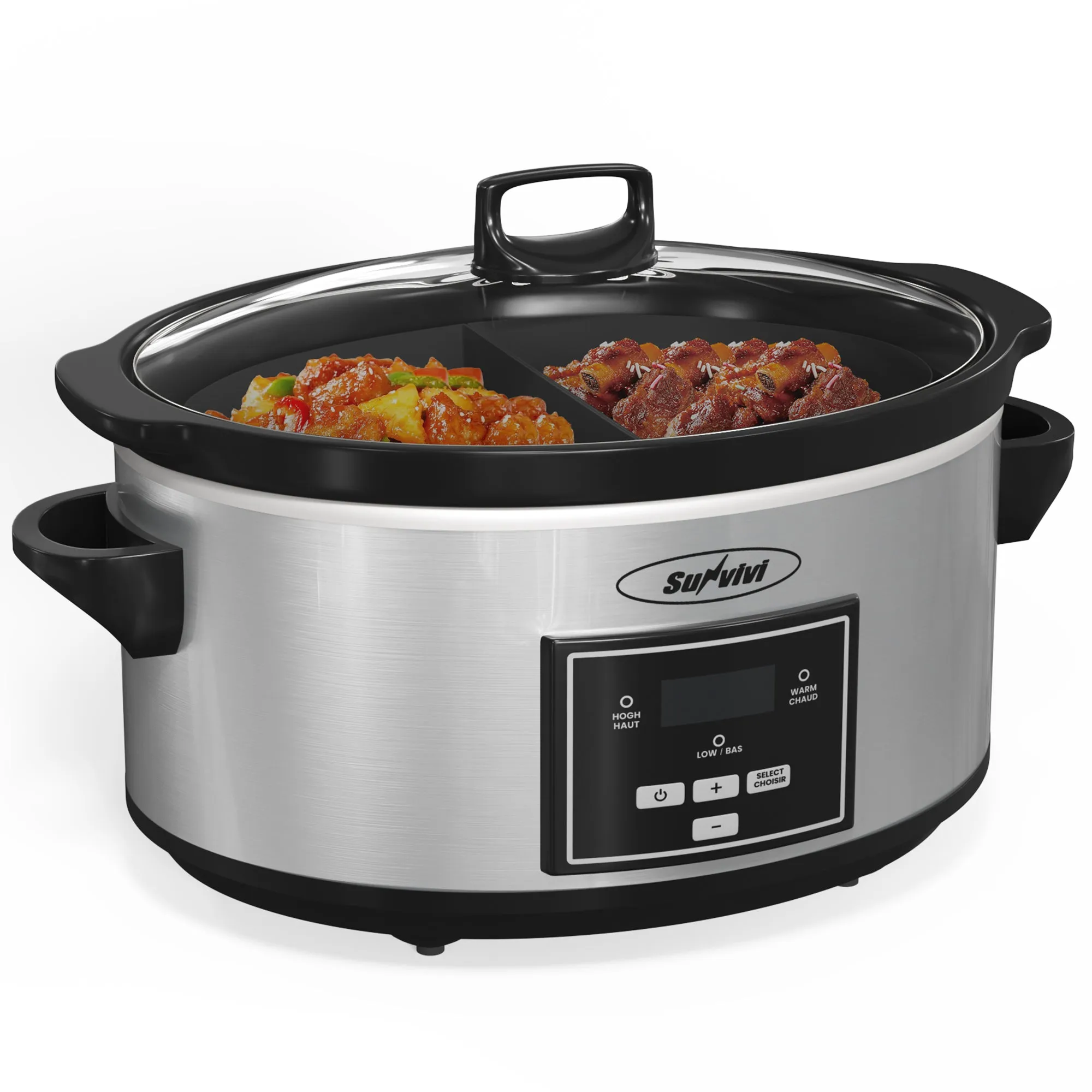 Sunvivi Smart Slow Cooker, Programmable Slow Cooker with 2 in 1 Silicone Slow Cooker Liners, 6 QT Food Warmer with Digital Timer, 3 Adjustable Temp & Removable Ceramic Pot, Stainless Steel, Silver