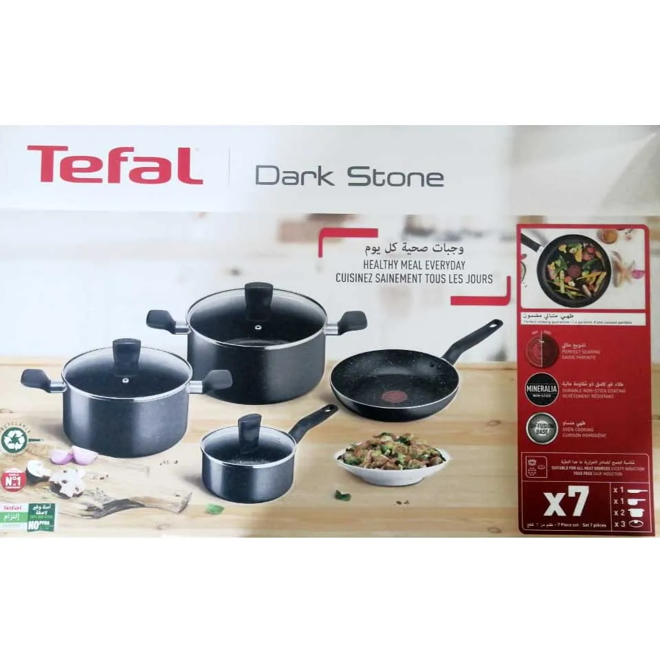 Tefal, B491S785 Dark Stone 7 pc set stewpots 22/24 cm lids, saucepan 16 cm, frypan 24 cm