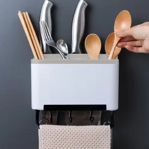 Wall Mounted Cutlery Storage Box With Hanging Hooks